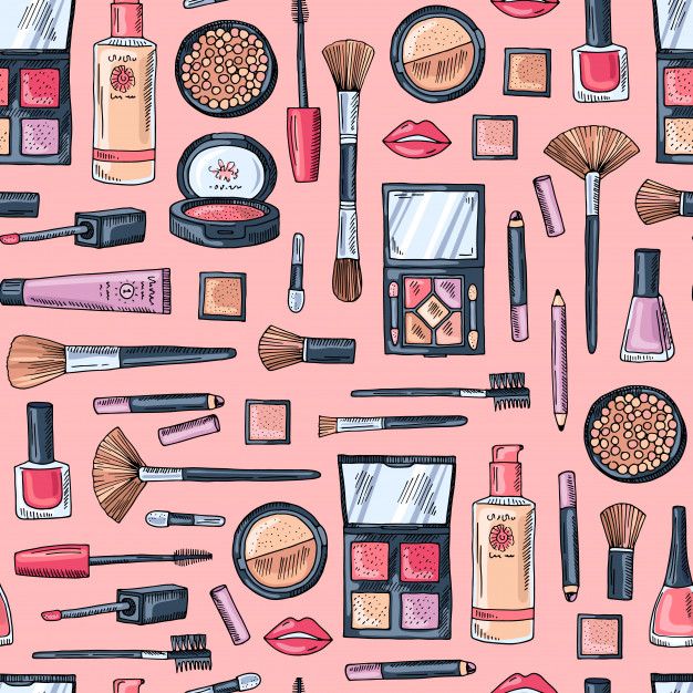 a pink background with various cosmetics and makeup products