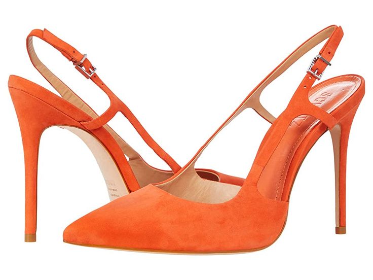 Schutz Boris - Women's Shoes : Bright Orange : Step into the tantalizing buckle leather Schutz Boris pumps with breathable leather lining and lightly cushioned, stationed insole for a sultry finish. Pointed toe with sling detail. Wrapped stiletto heel with leather outsole. Made in Brazil. Measurements: Heel Height: 4 in Weight: 6 oz Product measurements were taken using size 8, width M. Please note that measurements may vary by size. Weight of footwear is based on a single item, not a pair. Almond Toe Heels With Buckle Closure For Evening, Evening High Heel Court Shoes With Buckle Closure, Fitted Open Heel Court Shoes With Heel Strap, Fitted Court Shoes With Heel Strap And Open Heel, Leather High Heel Pumps For Party, Summer Evening Court Shoes With Removable Insole, Leather Pumps With Reinforced Heel For Evening, Evening Open Heel Court Shoes With Removable Insole, Evening Court Shoes With Removable Insole And Open Heel