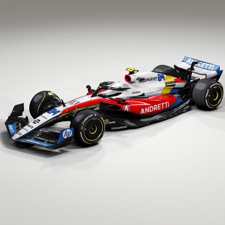 a red, white and blue race car on a gray background