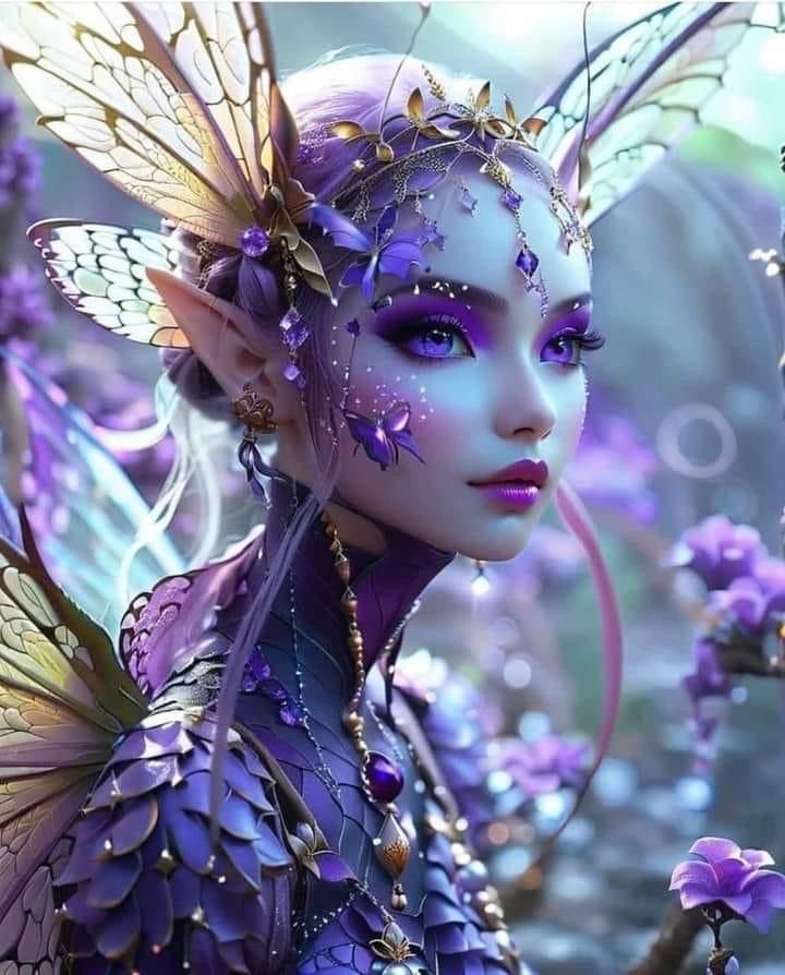 a close up of a woman with purple makeup and butterfly wings on her face, surrounded by flowers