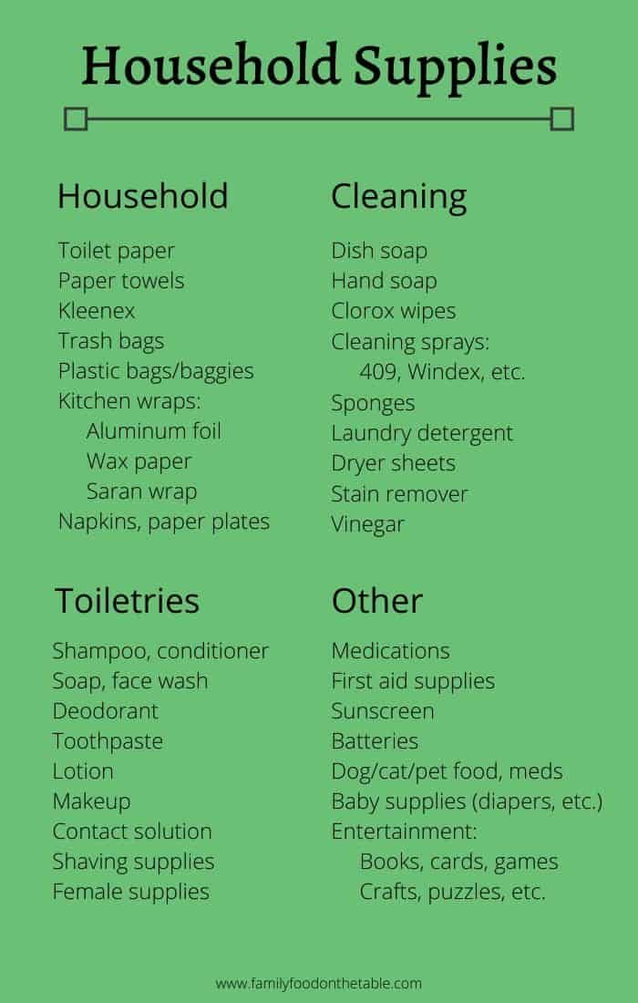 a green poster with the words household supplies on it