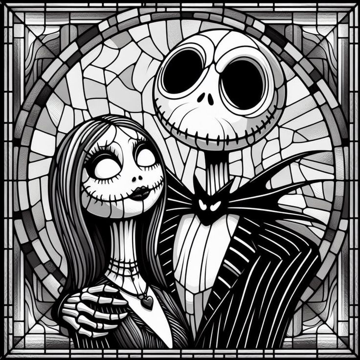 a stained glass window with a skeleton holding a girl