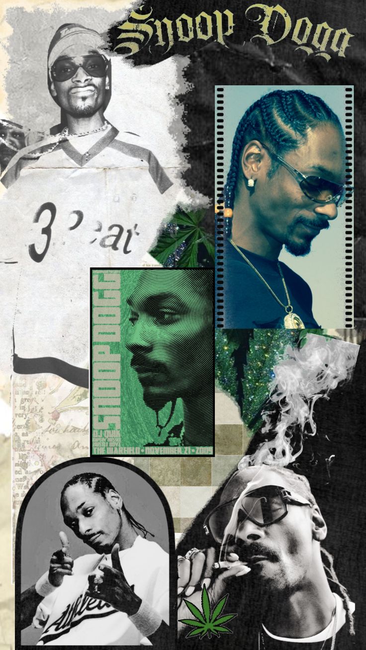 the poster for snoop dogg's album is shown in black and white, with multiple images