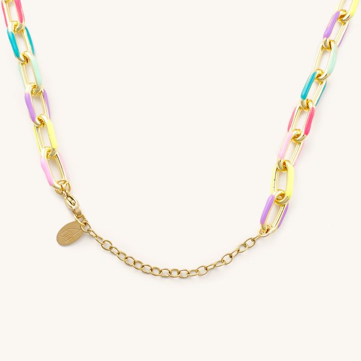 14k gold plating over sterling with acrylic overlay 13 inches with 2 inch extender Multicolor Necklaces With Gold Chain For Gift, Modern Gold Enamel Jewelry, Multicolor Paperclip Chain Jewelry For Gifts, Multicolor Choker Necklace With Spacer Beads, Adjustable Multicolor Choker With Dangling Beads, Unique Multicolor Adjustable Choker, Adjustable Multicolor Choker, Multicolor Enamel Jewelry With Lobster Clasp, Adjustable Multicolor Enamel Necklace