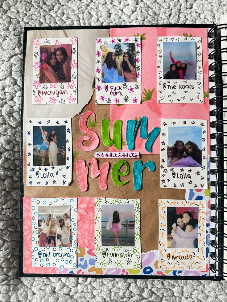 a scrapbook with pictures and the word summer written in pink, blue, and green