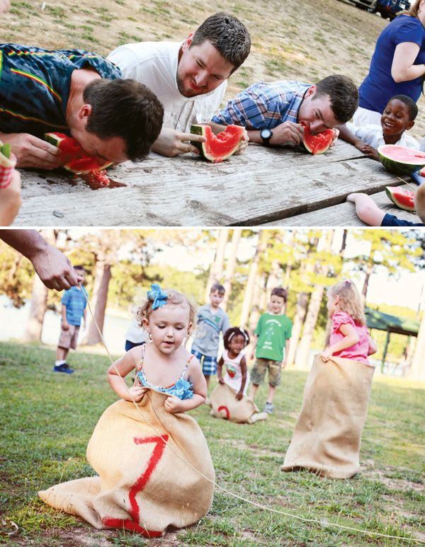 people are eating watermelon and having fun in the park with their kids,