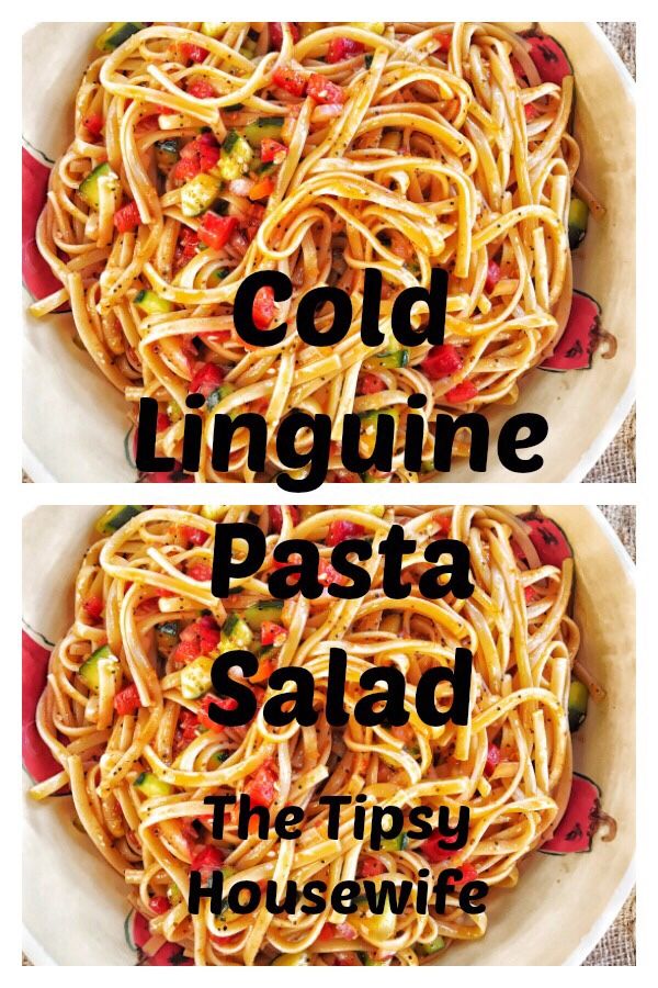 two pictures of pasta with the words cold linguine pasta salad