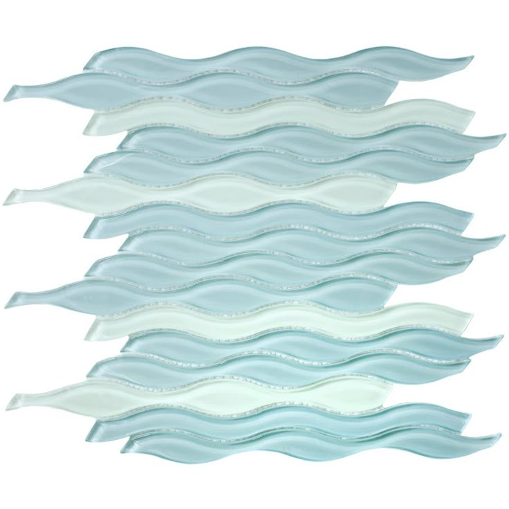 blue and white wavy glass mosaic tiles on a white background, set of four pieces