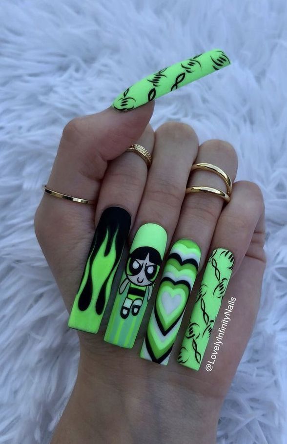 Cool Green Acrylic Nails, Crazy Long Acrylic Nails, Nail Polish Astethic, Neon Nails Acrylic Coffin Long, Neon Green Nails With Design, Easy Cartoon Nails, Y2k Nail Art Designs, Neon Nails With Design, Cute Long Acrylic Nails Coffin