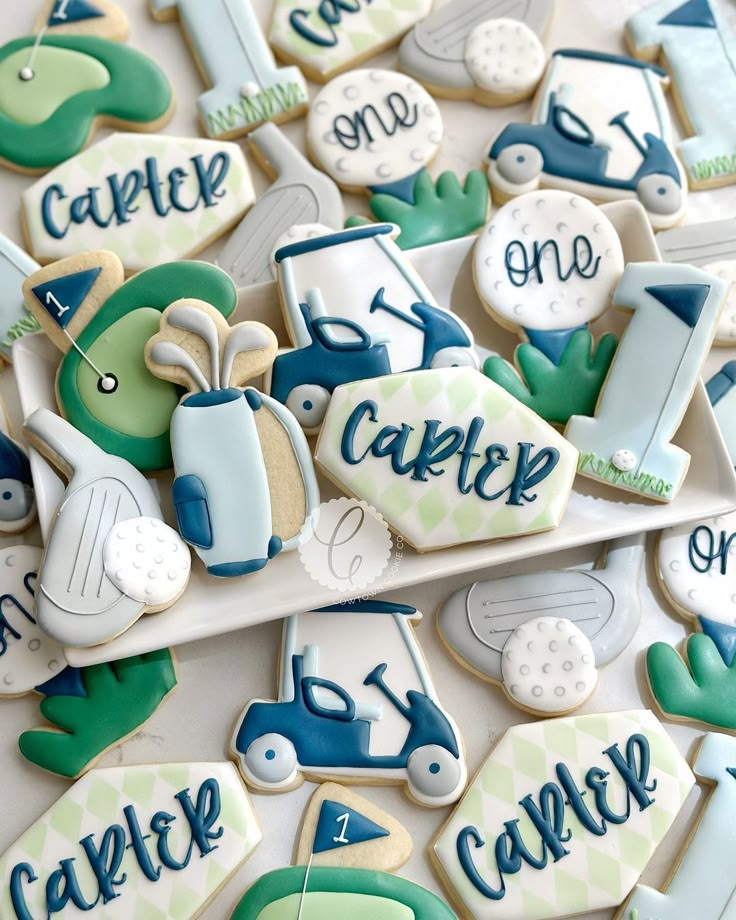 decorated cookies with golf related words on them