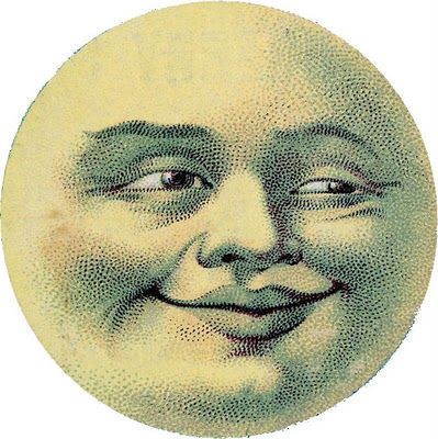 a drawing of a smiling face with the moon in the background