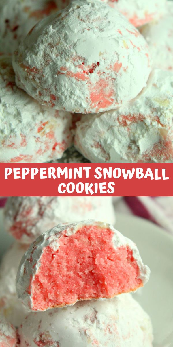 peppermint snowball cookies are stacked on top of each other