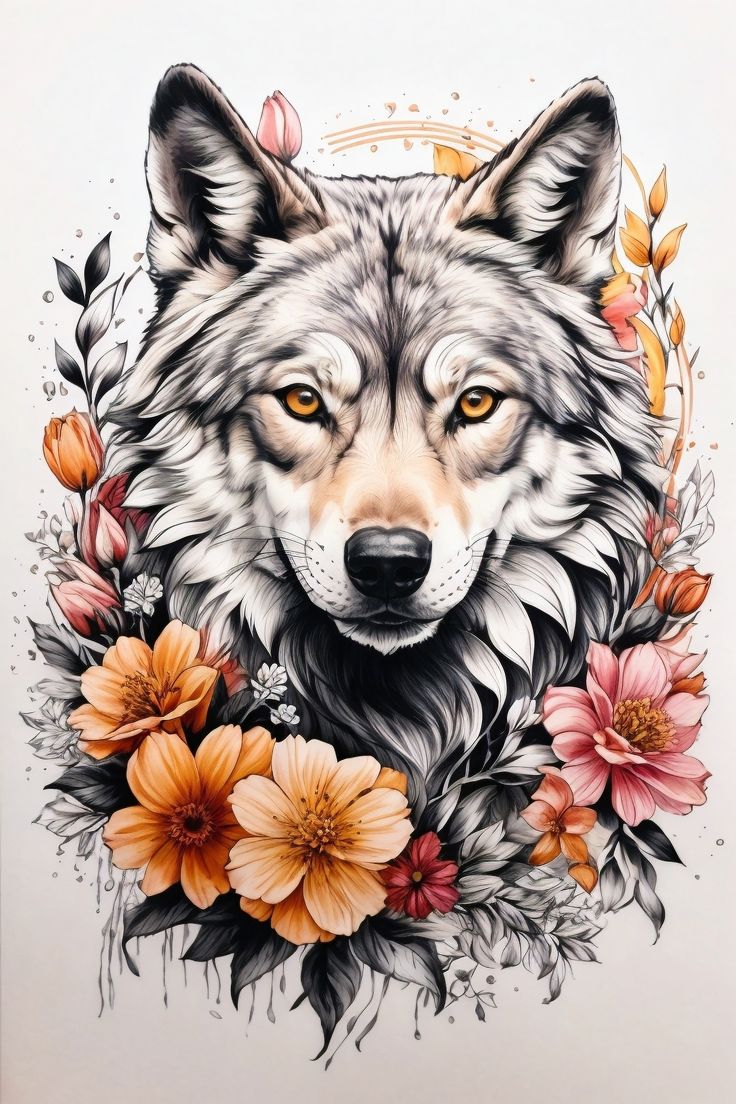 a drawing of a wolf with flowers around it