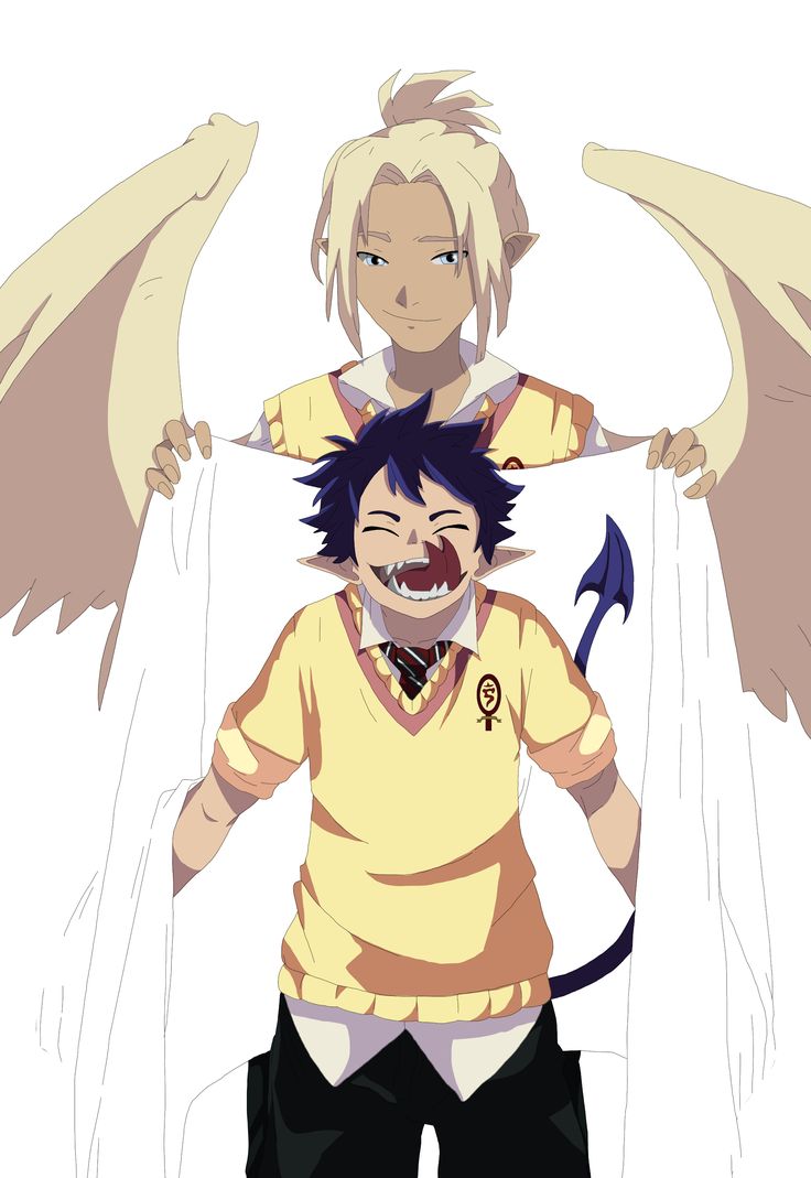 two anime characters with wings on their shoulders, one holding an ax and the other standing behind him