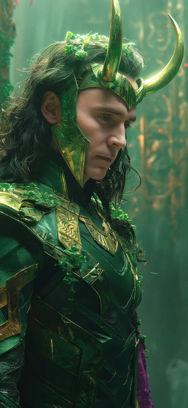 a man dressed in green and gold with horns on his head is looking into the distance