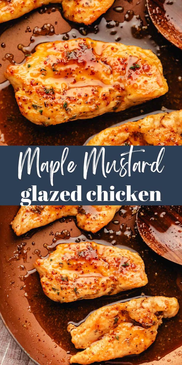 maple mustard glazed chicken on a brown plate with text overlay that reads maple mustard glazed chicken