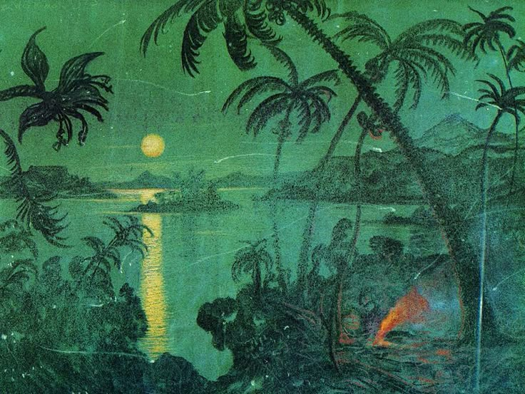 an image of a painting with palm trees and water in the background at night time