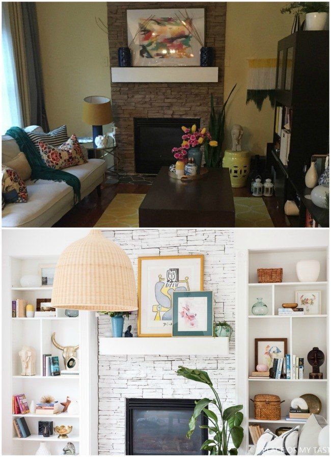 two pictures of a living room with white brick fireplaces and shelves filled with books