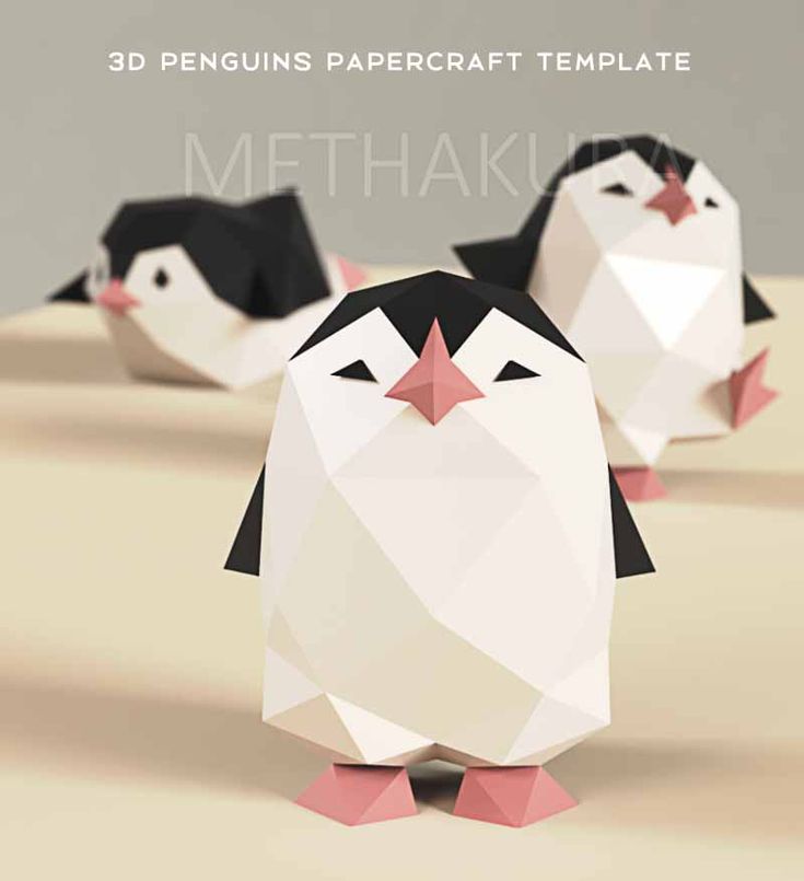 three paper penguins sitting on top of a table next to each other with the words, 3d penguin papercraft templates