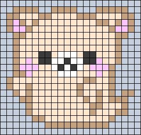 a cross stitch pattern with a teddy bear's face in the center and pink, purple, and blue squares around it