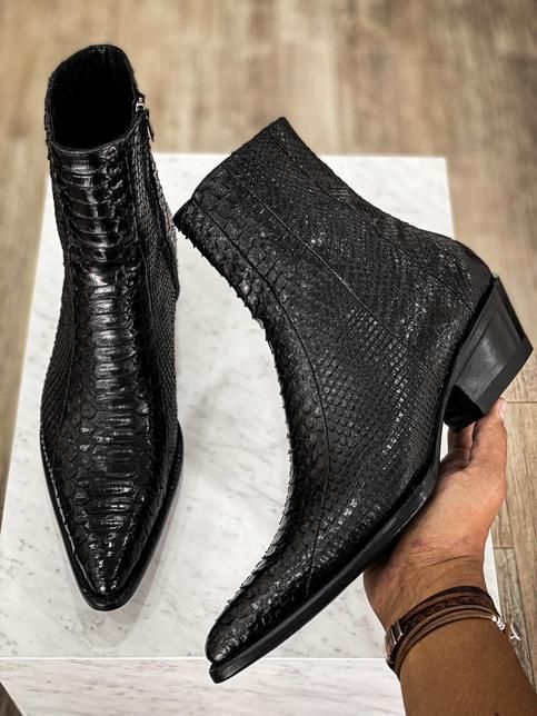 Ankle+High+Pure+Black+Side+Zipper+Python+Texture+Chelsea+Leather+Boot Upper-Material+of+Shoes+:+Genuine+Leather+(Python+Texture) Inner+material+:+Soft+Goat+Leather+Lining Sole+:+Buffalo+Leather+Sole Heel+:+Stack+heel+ Style+:+Ankle+High+Zipper+ Construction+:+Good+Year+Welted+Handmade+S... Heels For Men, Python Boots, Black Leather Chelsea Boots, Mens Dress Boots, Gentleman Shoes, Roper Boots, Goodfellas, Mens Boots Fashion, Chelsea Boots Men