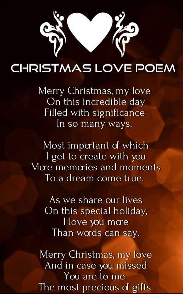 a christmas love poem with lights and bokets in the background, on a black background