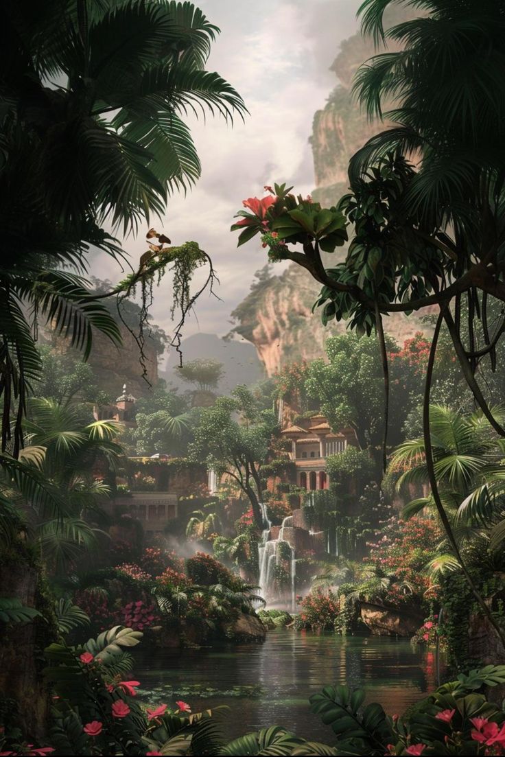 the jungle is full of tropical plants and trees, with waterfalls in the background as well as lush greenery