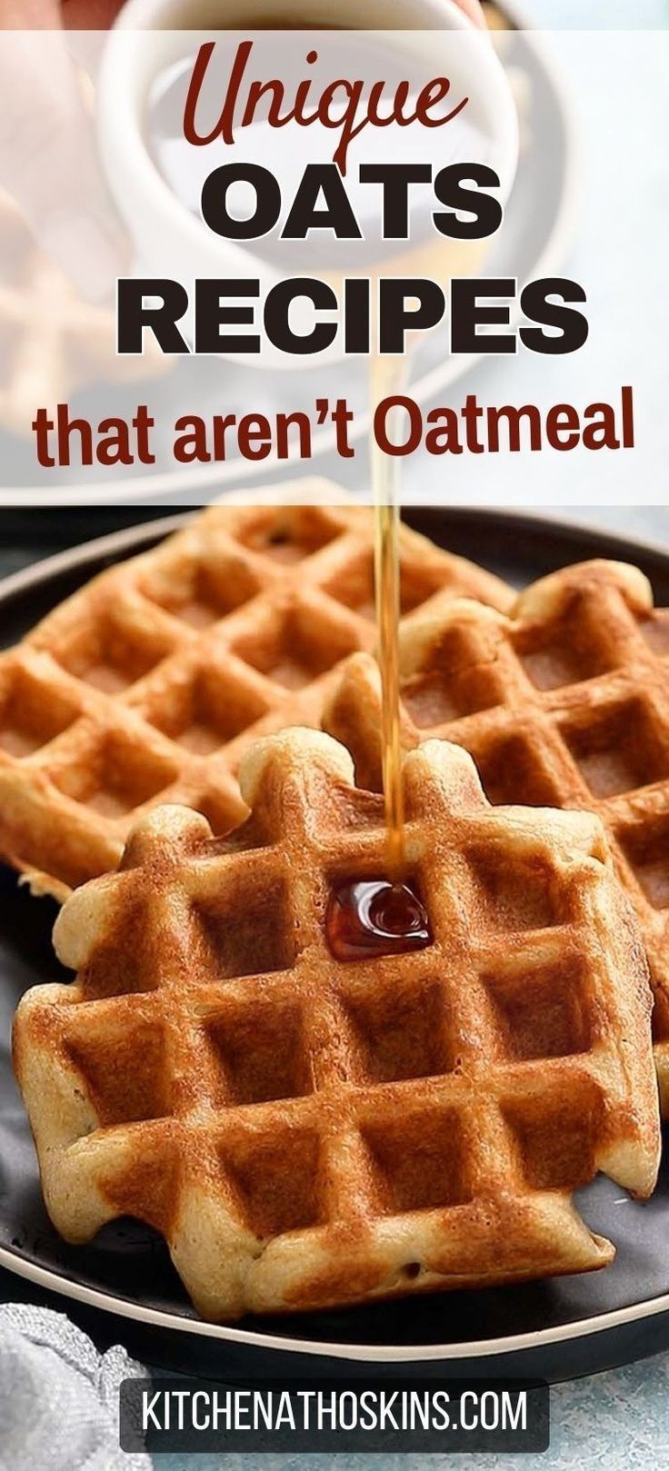 Hate oatmeal? Discover healthy oats recipes beyond oatmeal for breakfast, snacks or even dessert. You will find healthy waffles, pancakes, cookies made with oat flour and even chocolate smoothies. If you are an oatmeal hater or just looking for ways to use oats when you've had enough oatmeal, then you are sure to oats recipes at kitchenathoskins.com.