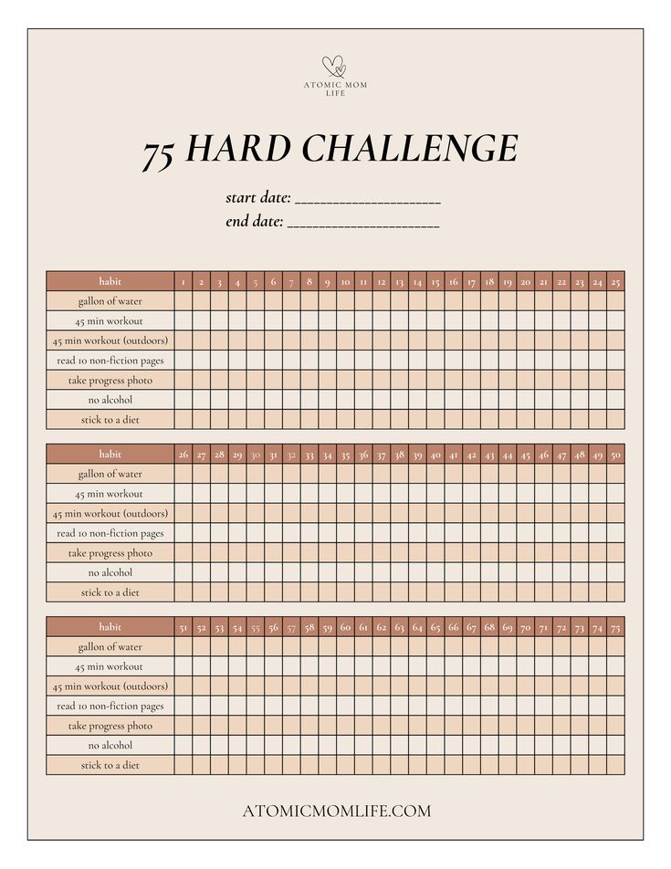 the 75 hard challenge checklist is shown in this printable version, which includes several tasks