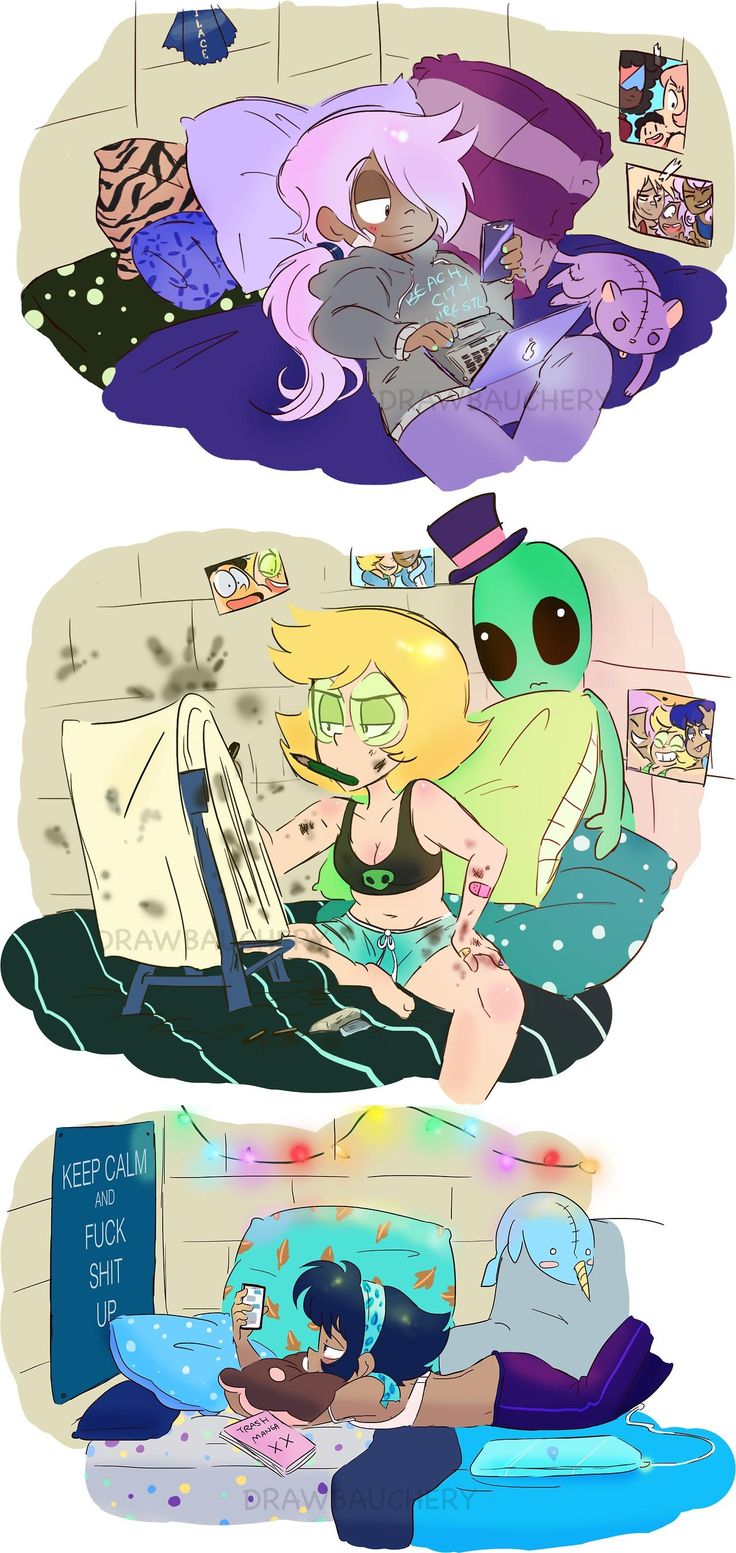 two cartoon characters are laying on the bed and one is looking at a computer screen