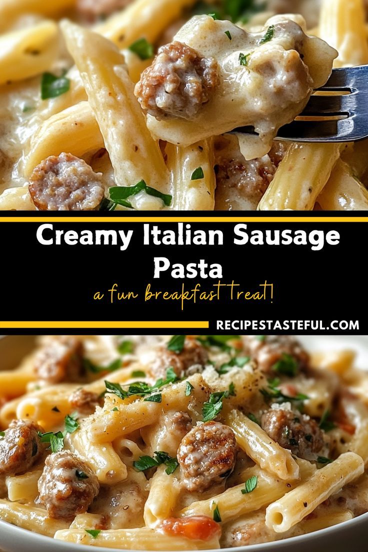 creamy italian sausage pasta in a white bowl with a fork and text overlay that reads creamy italian sausage pasta