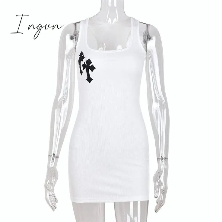 Ingvn - Cross Print White Sexy Dress For Women Summer Sleeveless Square Collar Tank Mini Casual White Bodycon Dress, Mini Tank Dress, Mini Dress Casual, Bodycon Dresses, Casual Party, Dress For Women, Bodycon Dress, Mini Dress, Womens Dresses