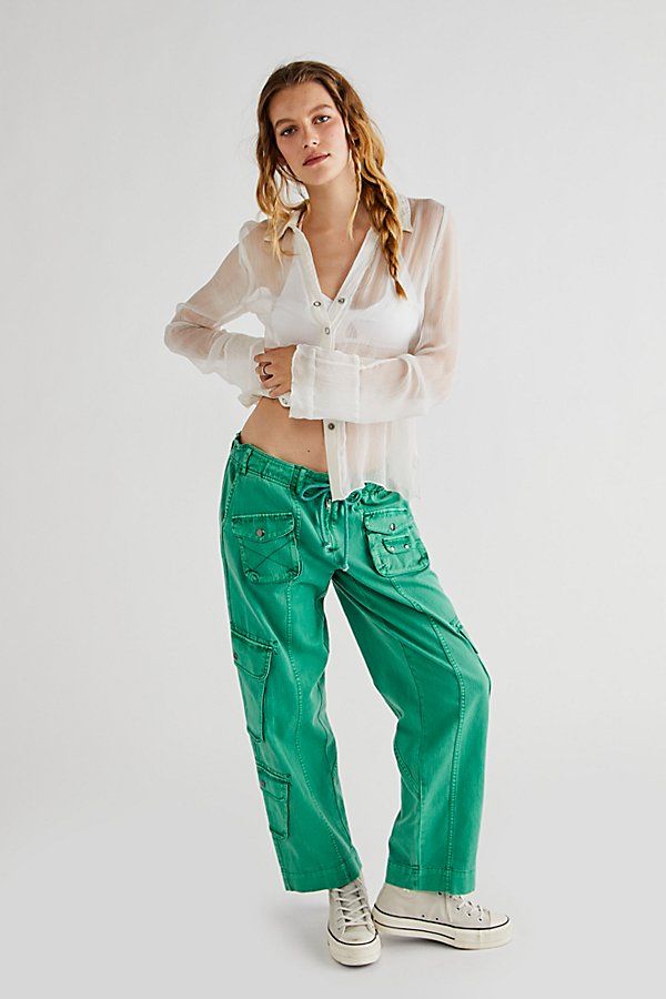 The coolest way to cargo, these timeless pants are featured in a low-rise, slouchy straight silhouette with utility-style pockets throughout and smocked waist for ease. * Zip fly and button closure * Drawstring waist feature * Oversized pockets throughout * Ankle-length | Tahiti Cargo Pants by Free People in Green, Size: L Oversized Pockets, Utility Style, Cargo Trousers, Black Fits, Tahiti, Small Waist, Boho Clothing, Boho Outfits, Ankle Length