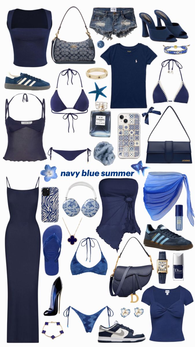 Navy, navy blue, navy blue summer, navy blue summer mood board, mood board, summer mood board, blue summer, navy blue summer outfits, navy blue summer outfit inspo, navy bikinis, navy blue bikinis, navy blue hand bags, adidas, dior, sol de janeiro, navy blue phone case, navy mood board, coastal, coastal summer, coastal summer inspo, summer aesthetic Navy Blue Summer Outfits, Navy Mood Board, Mood Board Coastal, Blue Clothes Aesthetic, Blue Summer Outfits, Summer Mood Board, Greece Outfit, Blue Phone Case, Beachy Outfits