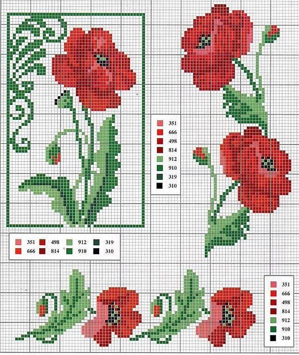 cross stitch pattern with red flowers and green leaves