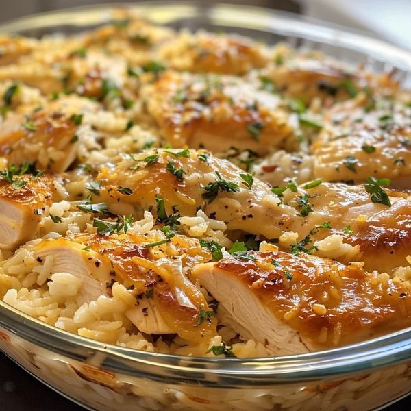 chicken and rice casserole with parsley in a glass dish on a table