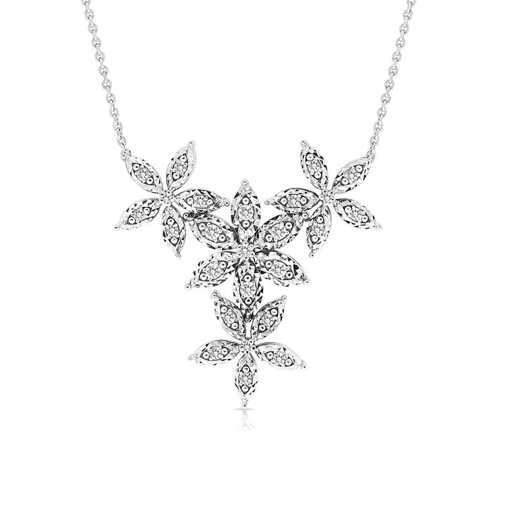 14K White Gold Diamond Flour Flower Garland Necklace 
With sweet floral flair, this diamond flower garland necklace is a fanciful accessory she'll never want to take off. Created in 18K white gold, this charming elongated drop showcases four beautiful sculpted petaled flowers embellished in equal sized brilliant cut round sparkling diamonds. This elegant necklace will take you Seamlessly from Daytime into Evening. An amazing and thoughtful anniversary gift for your loved one.
0.36 Cara