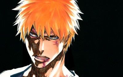 an anime character with bright orange hair and black eyes looking to his left, in front of a dark background