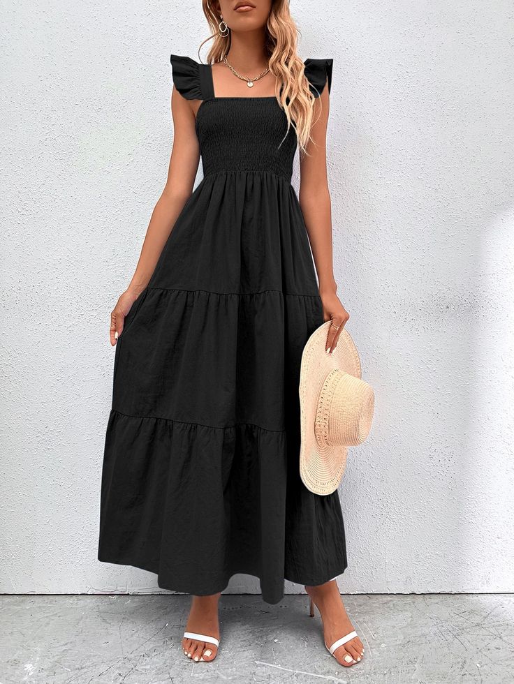 Black Boho Collar Cap Sleeve Fabric Plain A Line Embellished Non-Stretch Summer Women Clothing Simple Long Summer Dress, Long Dresses Casual Maxi Simple, Vestido Casual Juveniles, Black Sundress With Ruffle Hem, Casual Black Ruffle Hem Dress, Summer Black Sundress With Ruffles, Black Tiered Summer Dress, Boho Maxi Dress Outfit, Black A-line Beach Dress