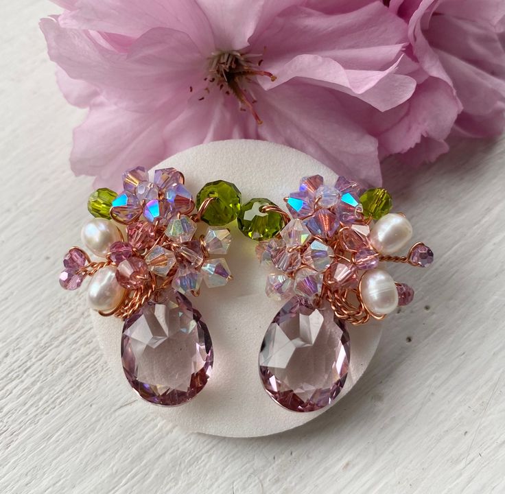 Wedding jewellery in crystal vintage pink and lilac with butterfly pearl in floral classic style. Thank you for visiting PastelGems. Butterfly Gifts, Purple Lilac, Lovely Necklace, Wedding Earrings, Vintage Pink, Crystal Earrings, Pearl Jewelry, Lilac, Wedding Jewelry