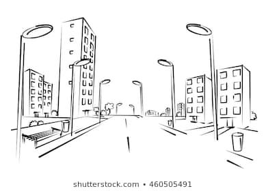 a line drawing of cityscape with buildings and street lights in the foreground