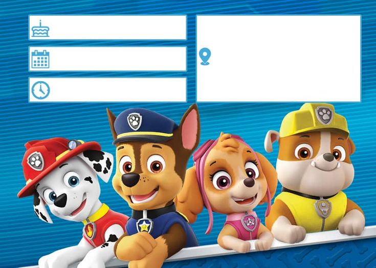 the paw patrol characters are standing in front of a blue background with a white sign above them