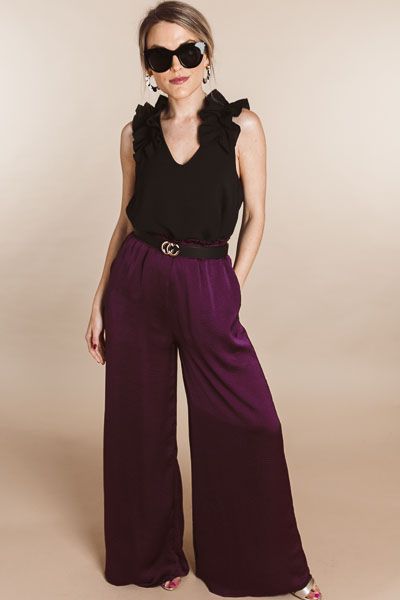 Silky Wide Leg Pants, Plum :: NEW ARRIVALS :: The Blue Door Boutique Coloured Wide Leg Pants Outfit, Purple Dressy Casual Outfits, Jewel Tone Business Casual, Monochromatic Outfit Aesthetic Black, Chic Purple Wide Leg Pants For Summer, Chic Purple Wide Leg Summer Pants, Plum Pants Outfit Work, Chic Satin Wide Leg Pants With Elastic Waistband, Chic Satin Wide Leg Pants