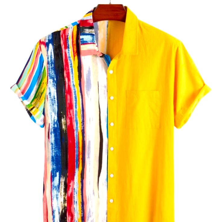 Stylish Multicolor Mens Short Sleeve Shirt W/ Button Front; Sz 2x(44) Nwt!!! Patchwork Shirt, Half Shirts, Short Sleeve Shirts, Striped Sleeve, Mens Casual Outfits, Shirt Pattern, Striped Shirt, Men Short Sleeve, Short Sleeve Shirt