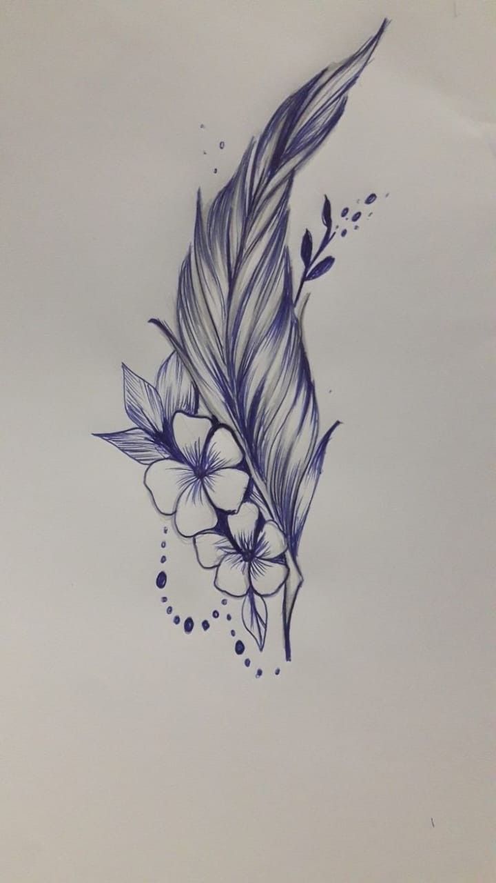 a drawing of a feather with flowers on it