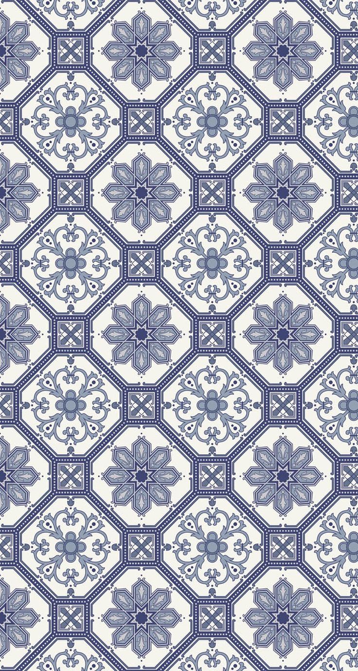 a blue and white wallpaper with an intricate design