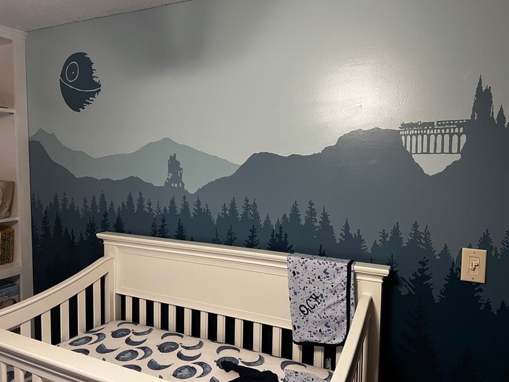 Harry Potter and Star Wars forest mural in shades of blue for baby boy nursery. Starwars Nursery Mural, Harry Potter Nursery Art, Modern Star Wars Nursery, Star Wars Nursery Mural, Harry Potter Star Wars Nursery, Harry Potter And Star Wars Nursery, Subtle Star Wars Nursery, Harry Potter Mural Wall, Star Wars Nursery Ideas