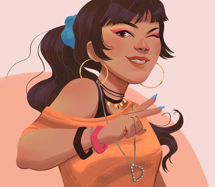 a woman in an orange dress pointing at something with her finger and wearing large hoop earrings