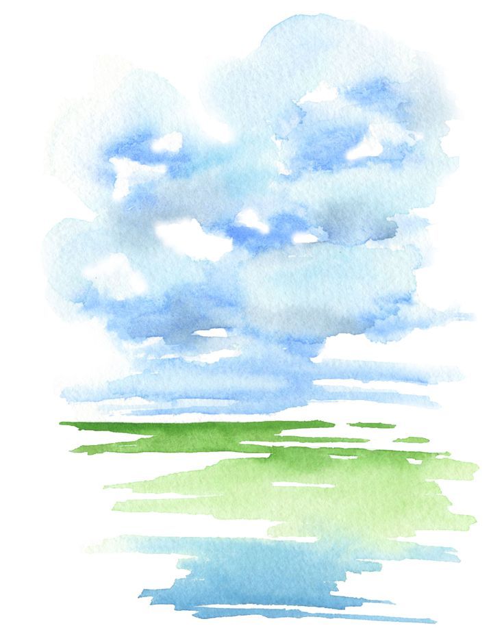 watercolor painting with blue and green clouds in the sky, reflecting on the water