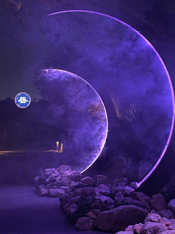 two large circular sculptures in the middle of a park at night with purple lighting on them